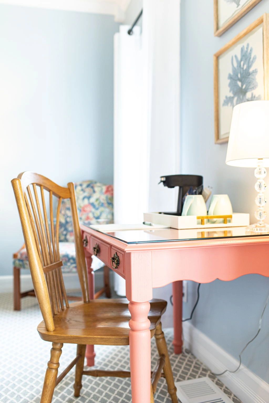 Coral desk with wooden chair